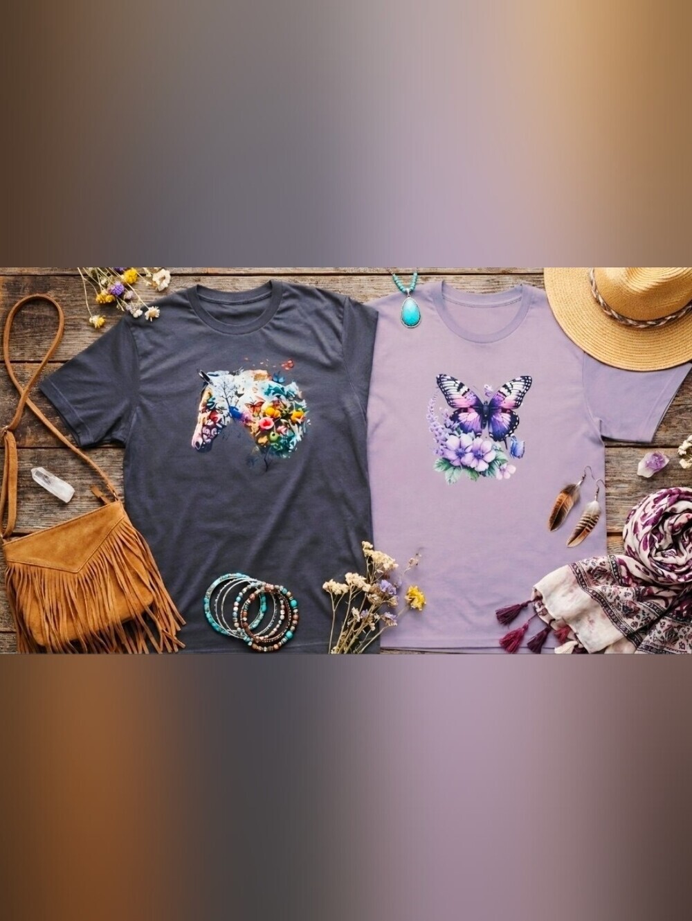 Horse & Butterfly Nature Tee Bundle | Rustic Floral Graphic Tops | Western Boho